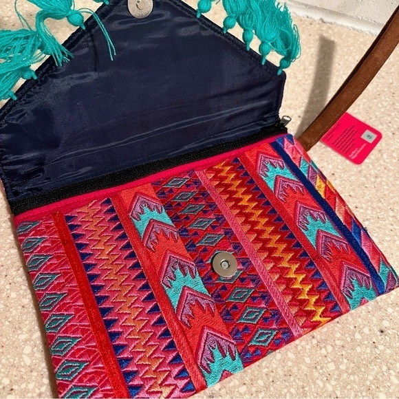 Ethnic Boho Large Clutch Suede Wristlet Bag Handmade Embroidery Tassels Indi NEW - Picture 6 of 16